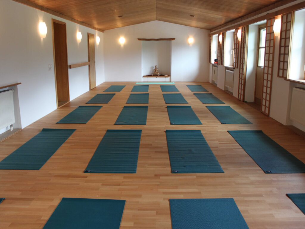 Großer, leerer Yogaraum mit Matten.