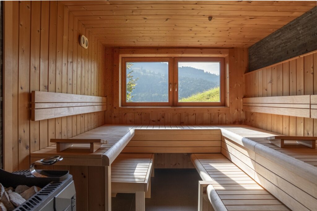 Helle Sauna mit Bergblick.