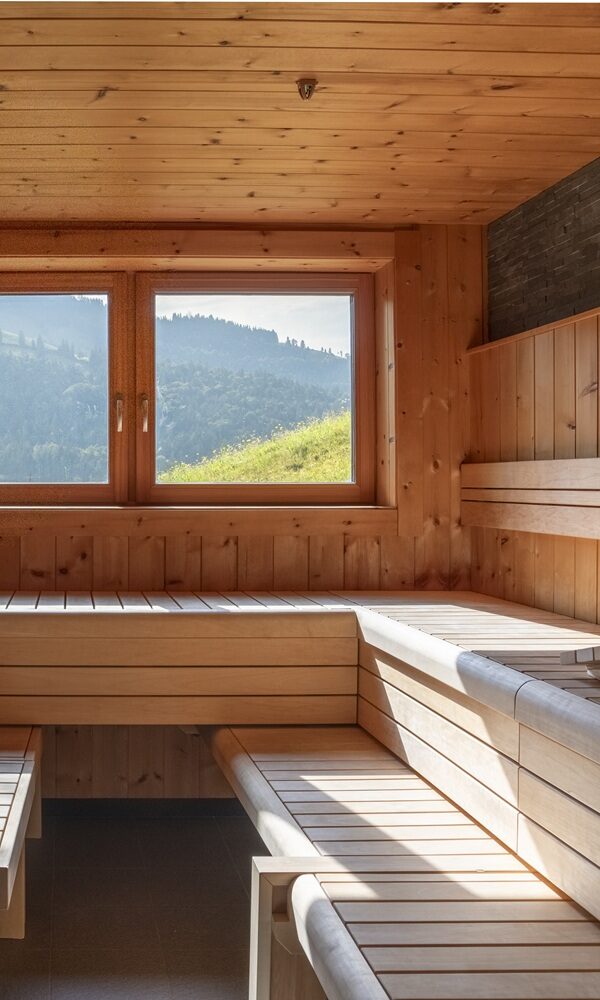 Helle Sauna mit Bergblick.