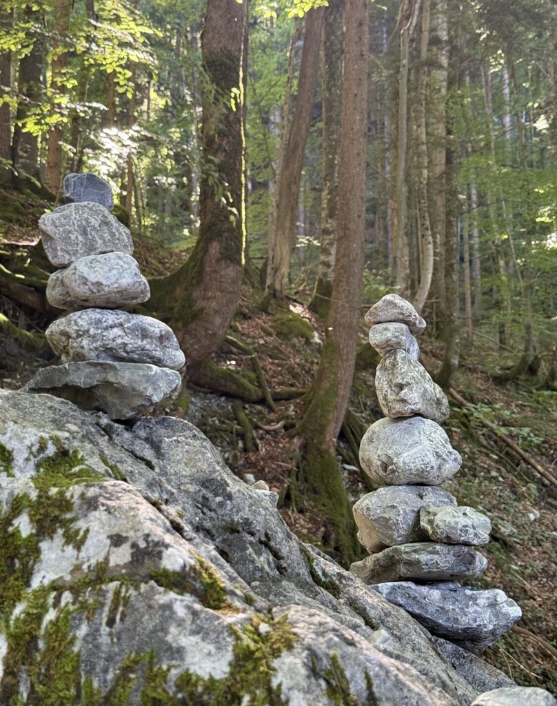 Steine aufeinander gestapelt im Wald
